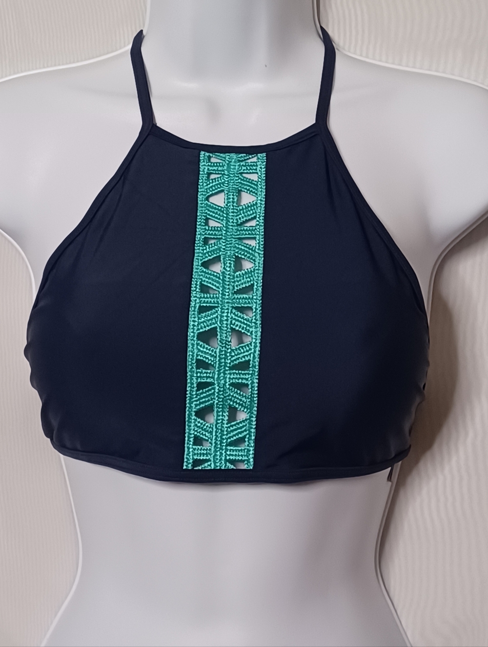 Aerie Navy High Neck Bikini Top Swimwear with Teal Crochet Stripe. Size SP